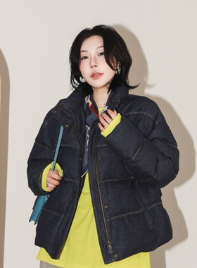 PENNYPENG丹宁鹅绒极简经典牛仔95白鹅绒立领短款夹克羽绒外套