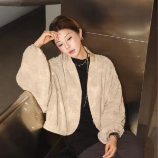 PENNYPENG 花织杏影 沙石杏色重工刺绣亮片短款华丽慵懒风短外套