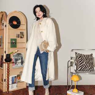 PENNYPENG 雪漫冬日 手工皮领翻领绵羊毛羊驼毛长袖苏丽毛呢大衣