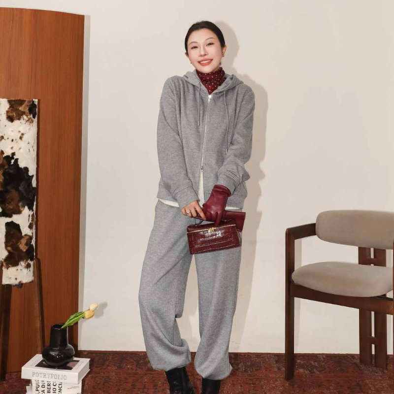 PENNYPENG 休闲俱乐部 松弛感拉毛面连帽羊毛开衫抽绳卫裤套装,女装/女士精品,时尚套装,淘宝优惠券,粉丝福利购,淘宝优惠卷