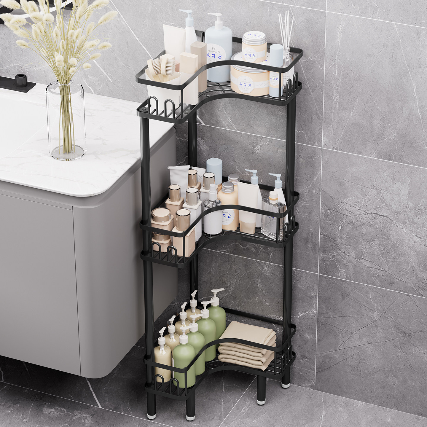 浴室落地多层转角收纳层架化妆室洗漱台沐浴露分层置物浴室三角架