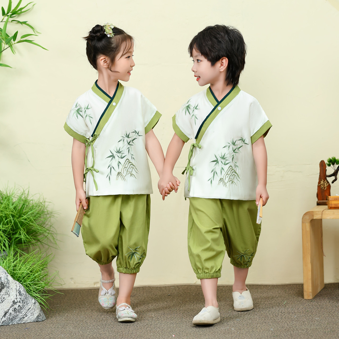 男童新中式汉服唐装儿童古风演出服短袖日常可穿中国风表演国学服