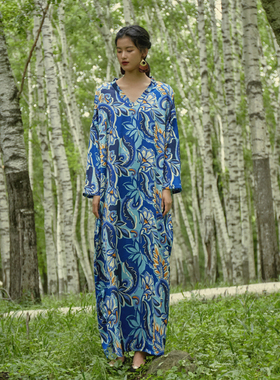 【舞花肉】Q242气质袍子小众显瘦文艺复古大码超长拍照连衣裙宽松