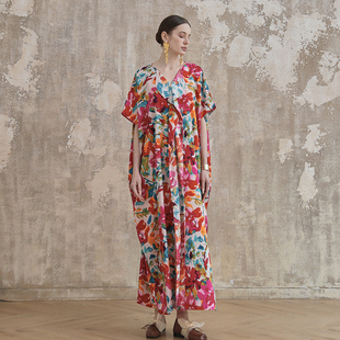F110极简大牌气质复古印花立体剪裁袍子宽松超长大码 度假连衣裙
