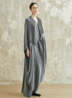 极简新中式W22复古大袍子宽松大码超长显瘦小众气质连衣长裙晨袍