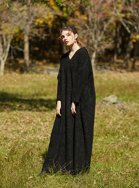 Q106秋冬超长保暖泰迪毛绒暗黑纯色超长大袍子宽松大码复古连衣裙