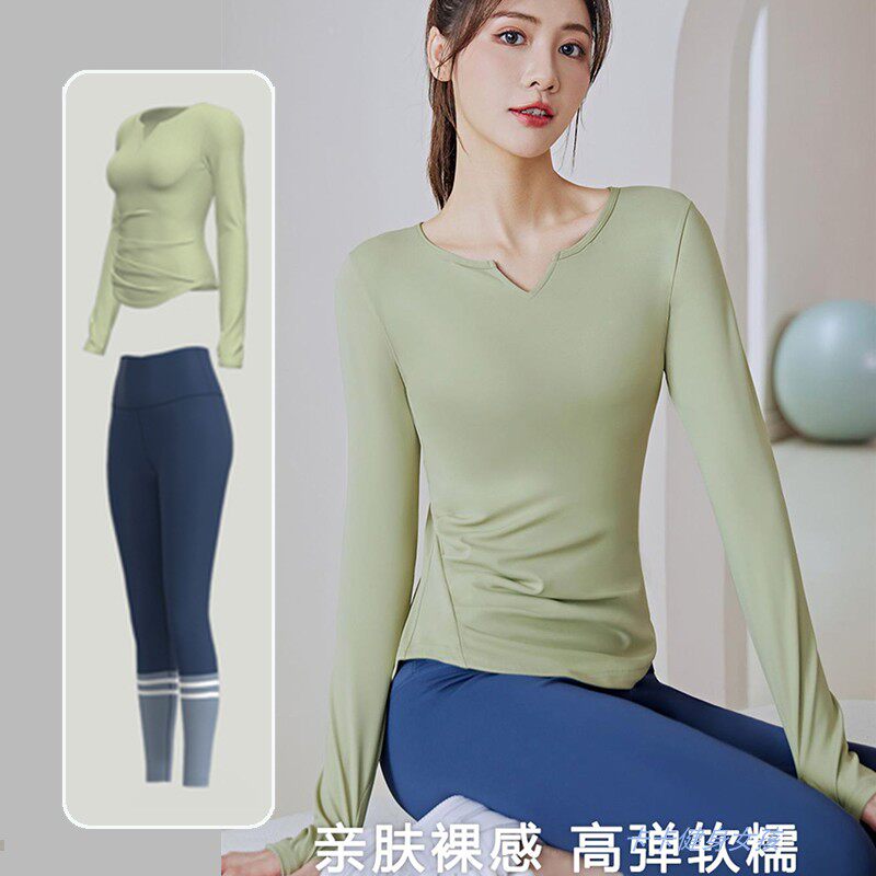 瑜伽服女2025春新款晨跑步小个子性感V领长袖速干健身房运动套装