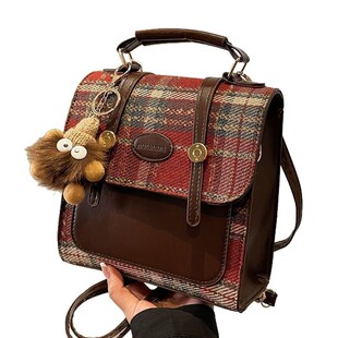 2025英伦风格子拼皮小方包手提单肩斜挎双肩三用手机证件游玩小包