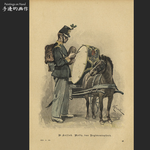 德国1894年古董木刻+套色石印版画Antique收藏/团里的马和军乐手