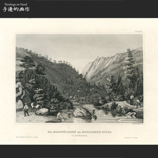 欧洲19世纪原版雕刻版艺术画/PAYNE'S UNIVERSUM/河上的淘金者