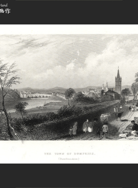 英国1838年古董雕版钢版画Vintage收藏/W.H.Bartlett/邓弗里斯镇