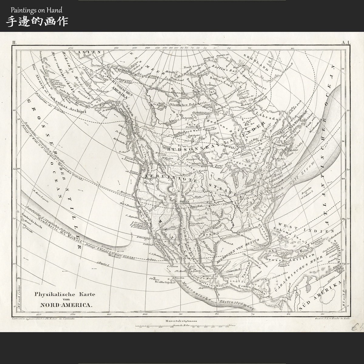 德国1849年古董雕版钢版画vintage地图美式家装收藏/北美地理图