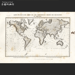 复古收藏 德国1870年古董雕版 家装 画Vintage地图美式 赤纬值 钢版