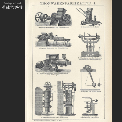 德国1894年古董原版木刻版画黑白艺术装饰画/布鲁克豪斯/工业机器