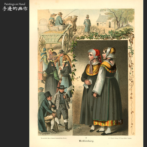 德国1890年原版石印版画装饰艺术欧洲老物件/民俗服饰/梅克伦堡