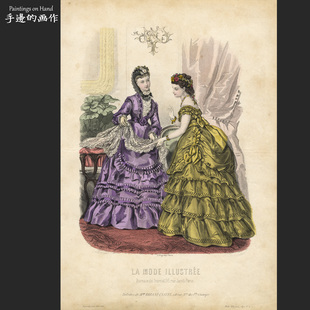 插图 法国1870年古董手工上色原版 时尚 画Vintage服饰 新围巾 铜版