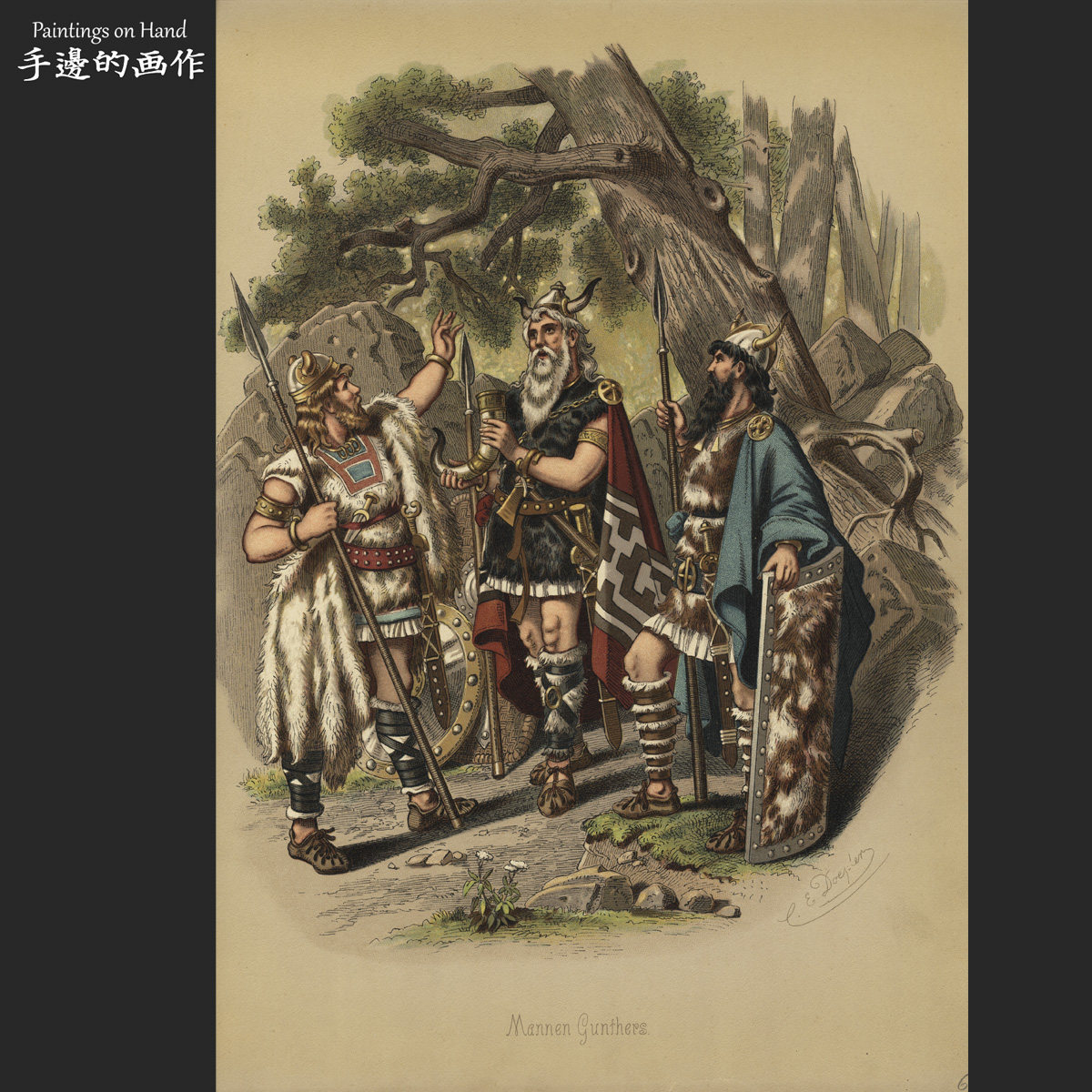 德国1890年代大幅古董套色石印版画vintage收藏品/历史武士服饰