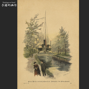 德国1894年古董木刻+套色石印版画Antique收藏/瑞典之行约塔运河
