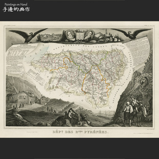 法国1856年古董蚀刻雕版凹版铜版钢版画画芯/民俗地图/比利牛斯省