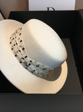 白色法式秋冬平顶羊毛呢礼帽女平檐英伦风大头围百搭黑色时尚潮