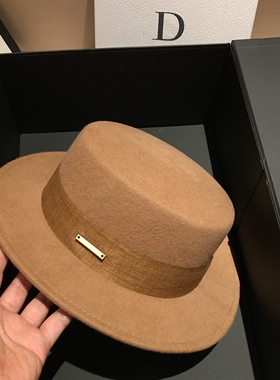 白色法式秋冬平顶羊毛呢礼帽女平檐小檐英伦大头围男百搭驼色黑色