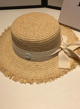 日系可爱草帽女小清新夏凹造型平顶帽拉菲草时尚百搭遮阳防晒帽子