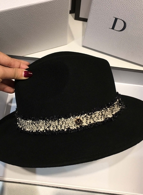 21秋冬英伦风礼帽平檐爵士帽女韩版百搭毛呢宽檐黑色帽子复古时尚
