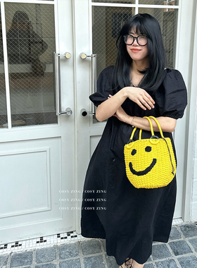 cosy zing 包包女2024夏季新款笑脸水桶草编织包海边度假手提包