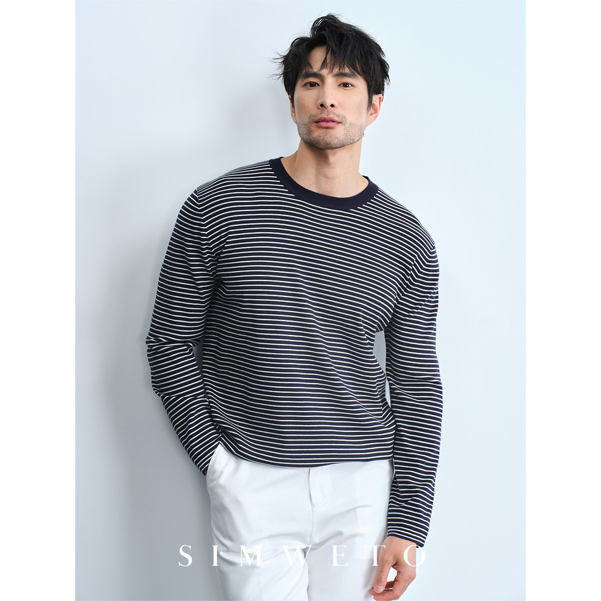 秋冬经典舒适 14针横条纹撞色圆领毛衣男士休闲百搭针织打底衫男