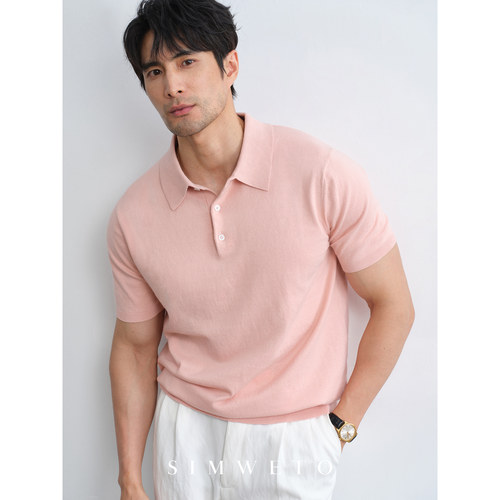 【100%棉】优雅老钱风 14针粉色polo衫男士休闲商务短袖纯棉T恤夏