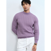12针坑条纹 半高领毛衣男冬季 紫色羊毛衫 秋冬保暖BI备 针织打底衫