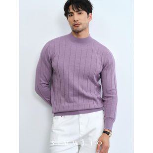 针织打底衫 秋冬保暖BI备 咖色羊毛衫 半高领毛衣男冬季 12针坑条纹