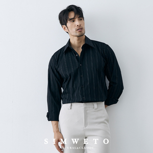 2022新品 法式优雅 高端商务男士免烫抗皱黑色衬衫条纹长袖衬衣