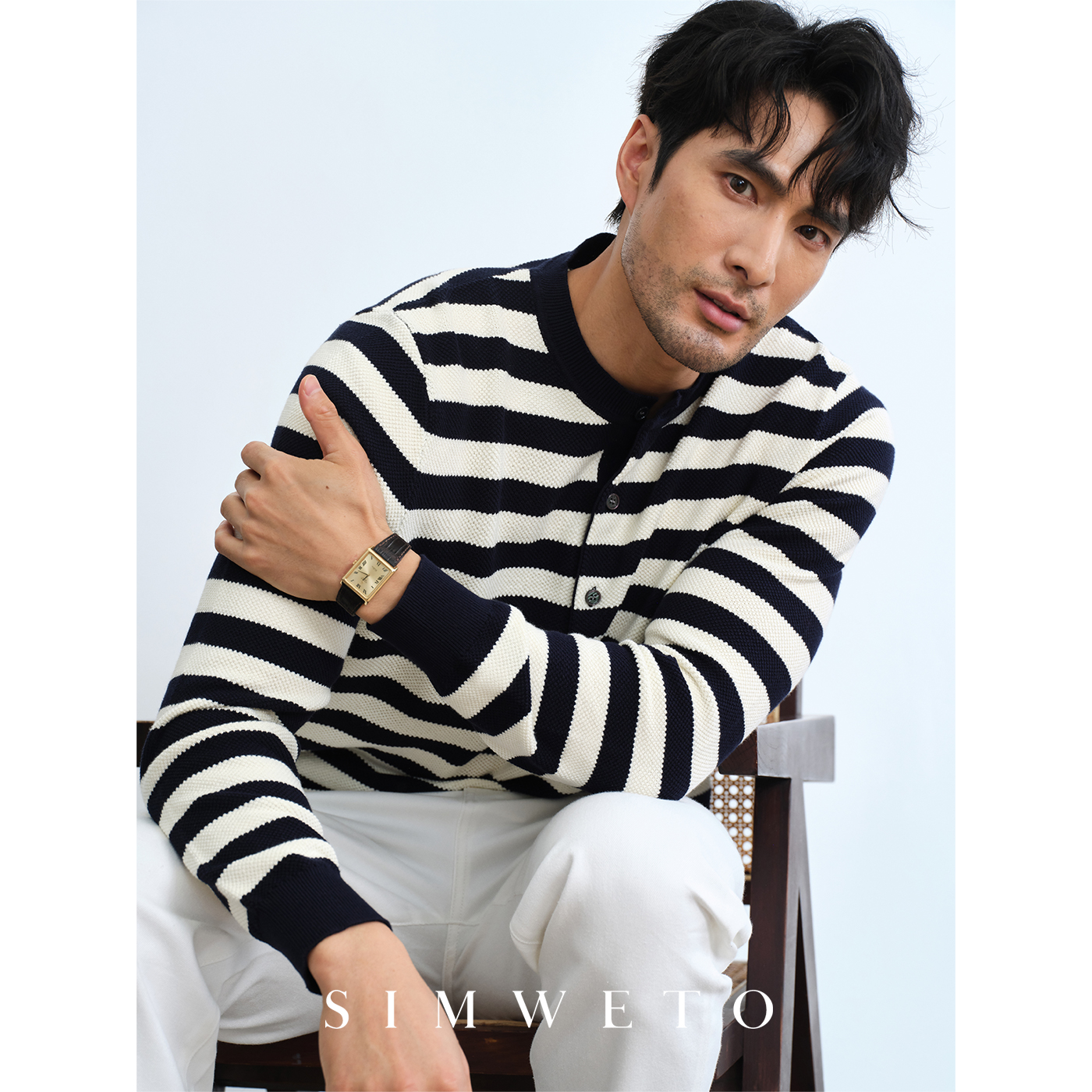 优雅老钱绅士 12针亨利领硬汉风 条纹纯棉毛衣男士休闲撞色打底衫