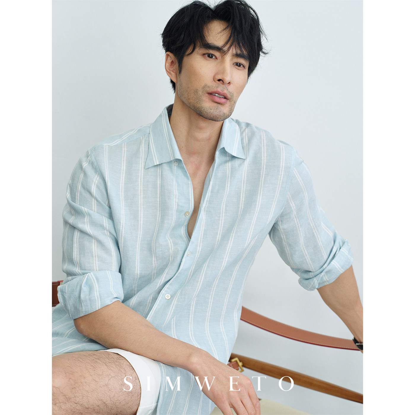 【天丝亚麻】意式优雅一片领 老钱风蓝色亚麻衬衫男休闲条纹衬衣