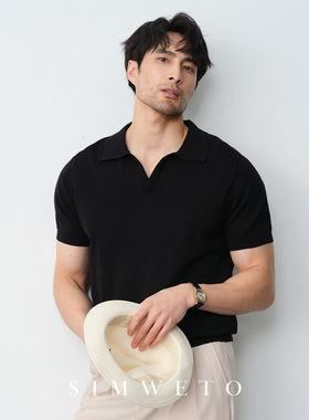 夏季优雅老钱 纯棉V领针织T恤男士休闲商务高级感黑色短袖polo衫