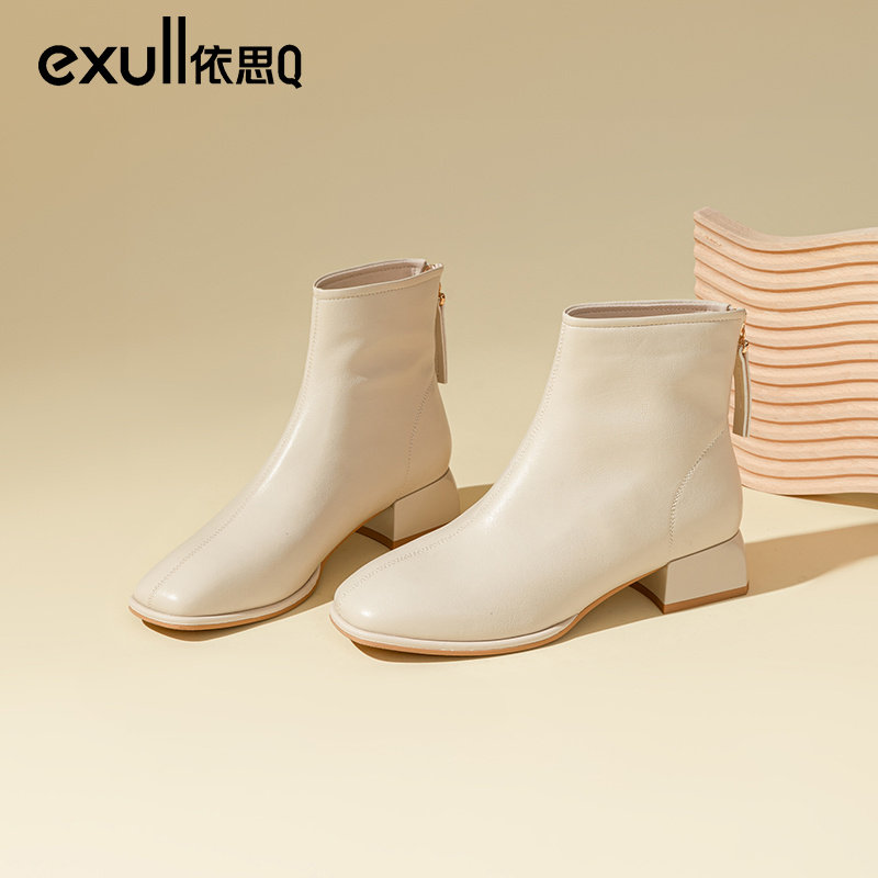 依思q白色短靴女2023新款秋冬靴子高级感女鞋法式气质名媛小短靴
