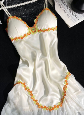 性感睡衣女橙色花卉刺绣春夏带胸垫气质纯欲风蕾丝镂空吊带睡裙