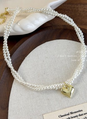 春夏双层爱心麻花珍珠项链气质甜美锁骨链ins网红爆款choker颈链