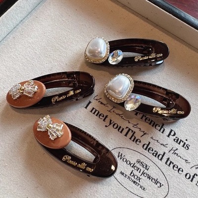 韩版亚克力珍珠刘海夹前额碎发边夹超闪水钻蝴蝶结发夹鸭嘴夹头饰