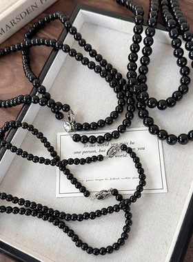 博主同款黑色玻璃珠元宝扣项链轻奢锁骨链通勤简约日常百搭