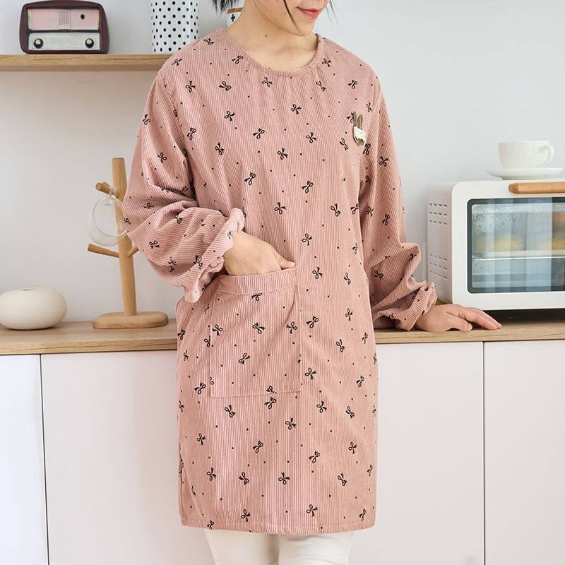 新款灯芯绒防油污围裙家用厨房做饭洋气成人上班外穿长袖罩衣围衣