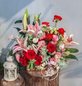 百合玫瑰康乃馨红色系鲜花桌面花篮节日送礼探望花篮全国配送