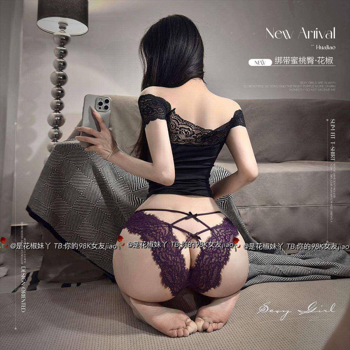 你的98K女友：紫色韵味甜美蕾丝性感轻扯火辣透视绑带镂空内裤