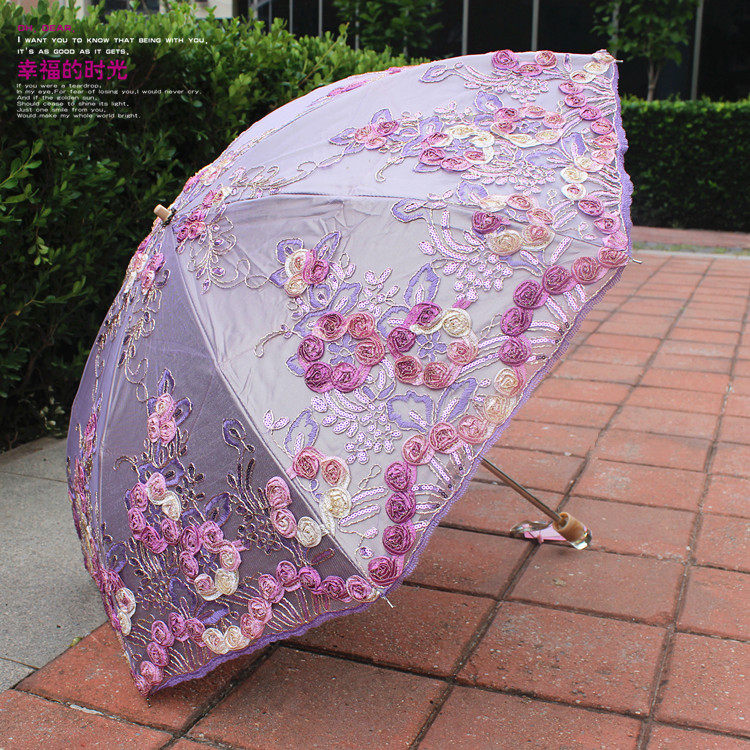 太阳伞二折叠双层立体花刺绣女防晒防紫外线黑胶遮阳伞晴雨伞两用