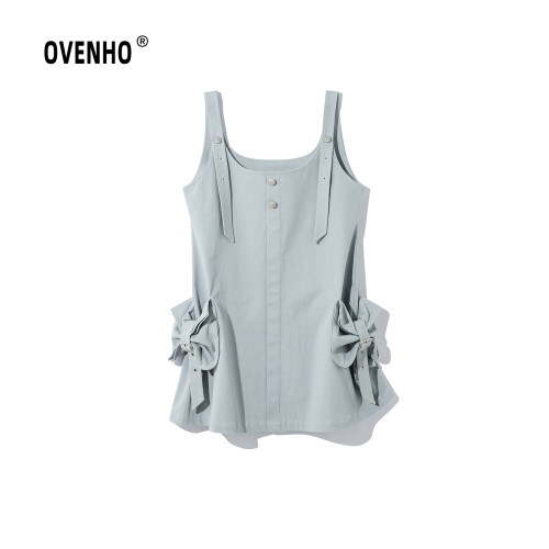OVENHO文厚 明月别枝蝴蝶结大口袋复古背带裙
