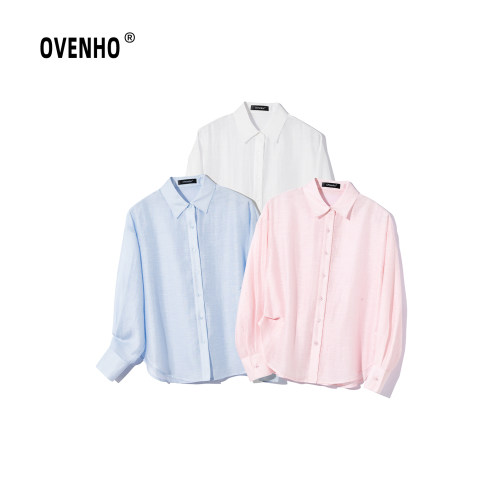 OVENHO文厚 斜日偏明天丝醋酸亚麻轻薄长袖衬衫