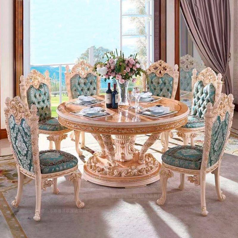 法式餐桌实木雕花面板彩绘法式圆餐桌餐椅实木面板拼花欧式圆餐桌
