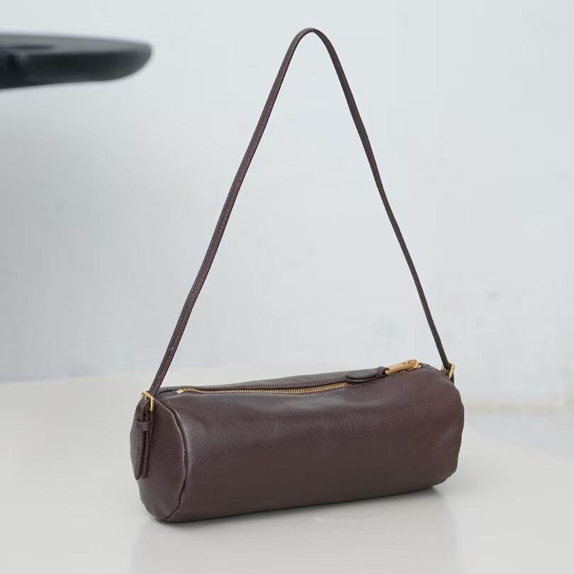 TROW新款豆腐笔筒羊皮单肩复古小众法棍腋下包真皮圆桶包女士