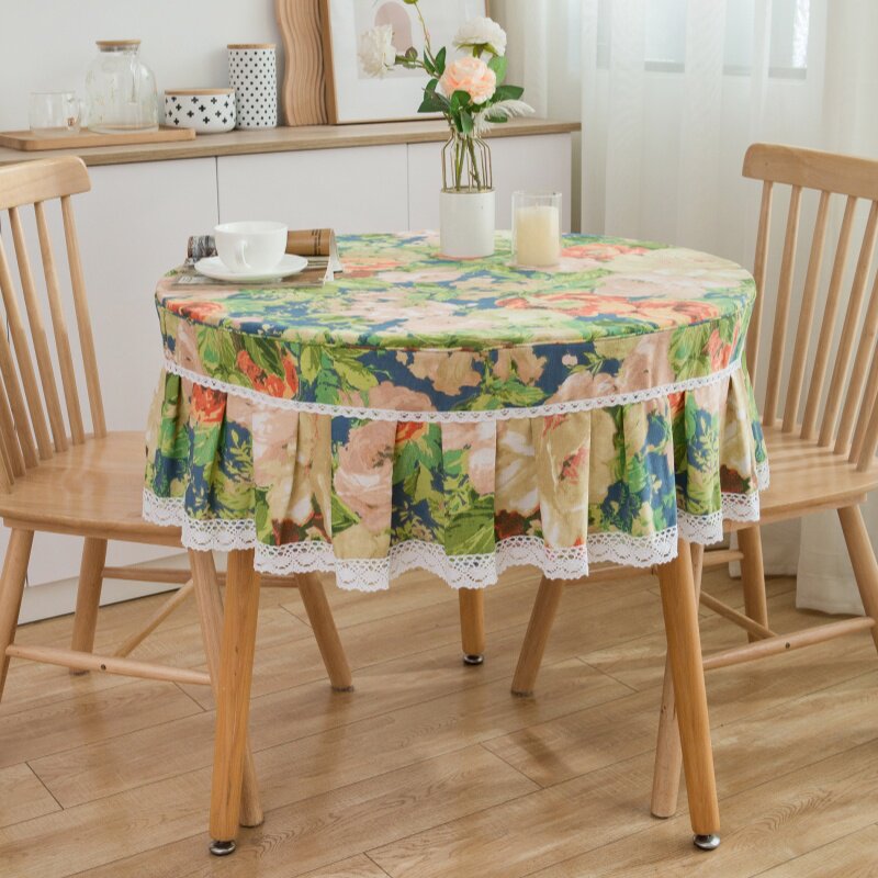 美式乡村花朵防滑布圆形油画餐桌布台布盖布茶几圆桌方桌蕾丝花边